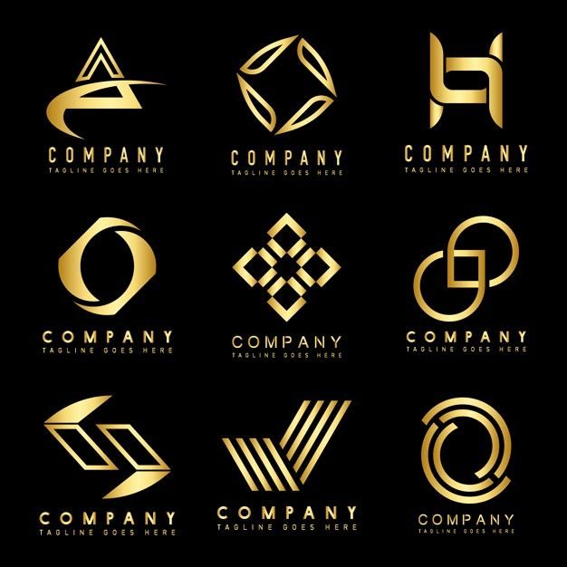 Collection of nine gold logo designs against a black background, labeled "COMPANY."